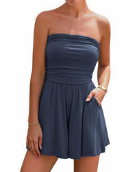 BTFBM Summer Womens Romper 2025 Strapless Tube Top Beach Vacation Clothes Ruffle Boho Loose Shorts Jumpsuits Pockets - 7DAY'S