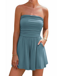 BTFBM Summer Womens Romper 2025 Strapless Tube Top Beach Vacation Clothes Ruffle Boho Loose Shorts Jumpsuits Pockets - 7DAY'S