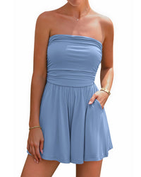 BTFBM Summer Womens Romper 2025 Strapless Tube Top Beach Vacation Clothes Ruffle Boho Loose Shorts Jumpsuits Pockets - 7DAY'S