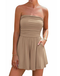 BTFBM Summer Womens Romper 2025 Strapless Tube Top Beach Vacation Clothes Ruffle Boho Loose Shorts Jumpsuits Pockets - 7DAY'S