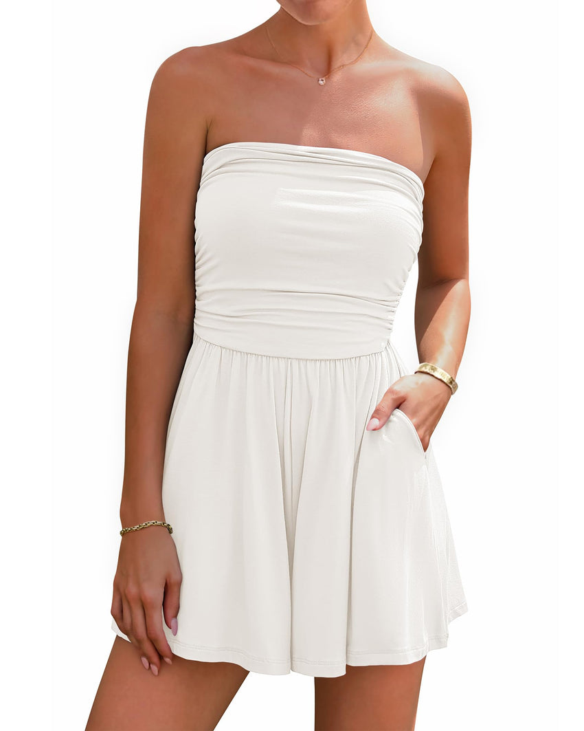 BTFBM Summer Womens Romper 2025 Strapless Tube Top Beach Vacation Clothes Ruffle Boho Loose Shorts Jumpsuits Pockets - 7DAY'S