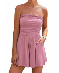 BTFBM Summer Womens Romper 2025 Strapless Tube Top Beach Vacation Clothes Ruffle Boho Loose Shorts Jumpsuits Pockets - 7DAY'S