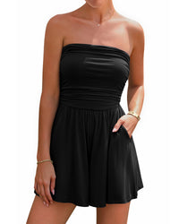 BTFBM Summer Womens Romper 2025 Strapless Tube Top Beach Vacation Clothes Ruffle Boho Loose Shorts Jumpsuits Pockets - 7DAY'S