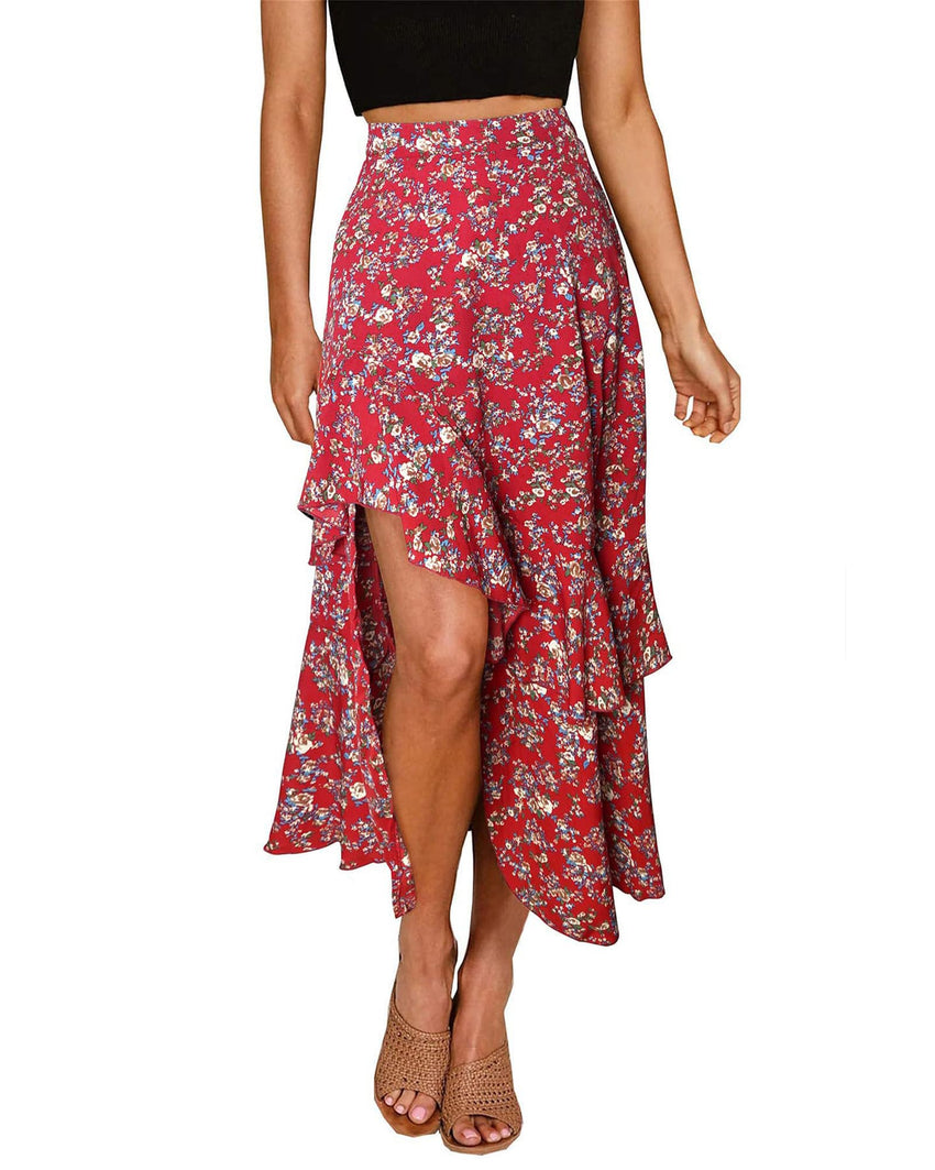BTFBM Women 2025 Summer Fall Boho Long Skirts Dress Floral Print Elastic Waist Split Ruffle High Low Beach Maxi Skirt - 7DAY'S