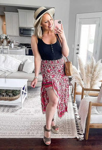 BTFBM Women 2025 Summer Fall Boho Long Skirts Dress Floral Print Elastic Waist Split Ruffle High Low Beach Maxi Skirt - 7DAY'S