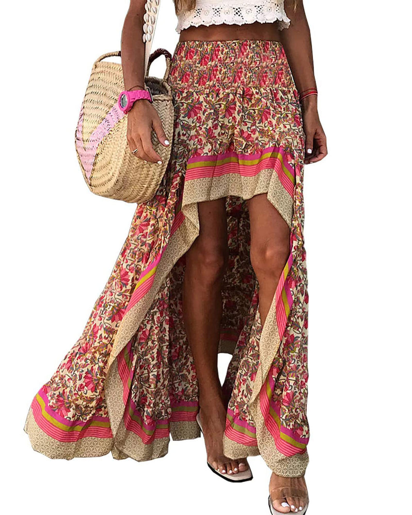 BTFBM Women 2025 Summer Fall Boho Long Skirts Dress Floral Print Elastic Waist Split Ruffle High Low Beach Maxi Skirt - 7DAY'S