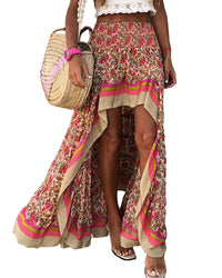 BTFBM Women 2025 Summer Fall Boho Long Skirts Dress Floral Print Elastic Waist Split Ruffle High Low Beach Maxi Skirt - 7DAY'S