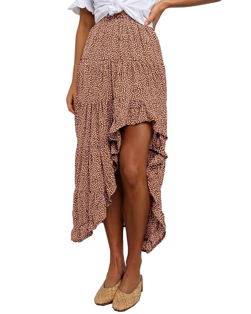 BTFBM Women 2025 Summer Fall Boho Long Skirts Dress Floral Print Elastic Waist Split Ruffle High Low Beach Maxi Skirt - 7DAY'S