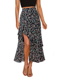BTFBM Women 2025 Summer Fall Boho Long Skirts Dress Floral Print Elastic Waist Split Ruffle High Low Beach Maxi Skirt - 7DAY'S