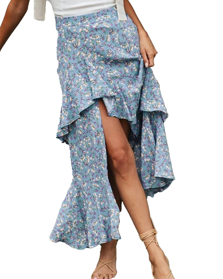 BTFBM Women 2025 Summer Fall Boho Long Skirts Dress Floral Print Elastic Waist Split Ruffle High Low Beach Maxi Skirt - 7DAY'S