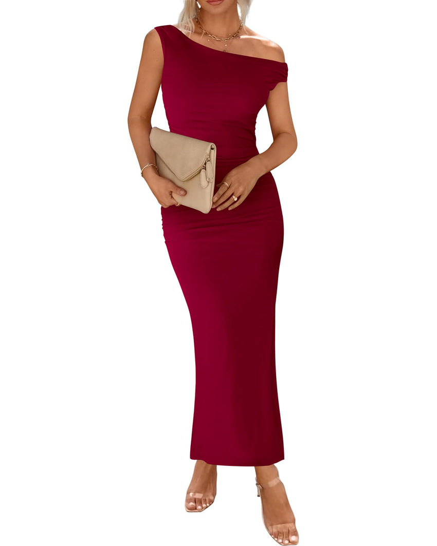 BTFBM Women 2025 Summer One Shoulder Bodycon Ruched Maxi Dress Slit Mesh Long Formal Cocktail Fall Wedding Guest Dresses - 7DAY'S