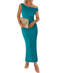 BTFBM Women 2025 Summer One Shoulder Bodycon Ruched Maxi Dress Slit Mesh Long Formal Cocktail Fall Wedding Guest Dresses - 7DAY'S