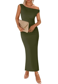 BTFBM Women 2025 Summer One Shoulder Bodycon Ruched Maxi Dress Slit Mesh Long Formal Cocktail Fall Wedding Guest Dresses - 7DAY'S