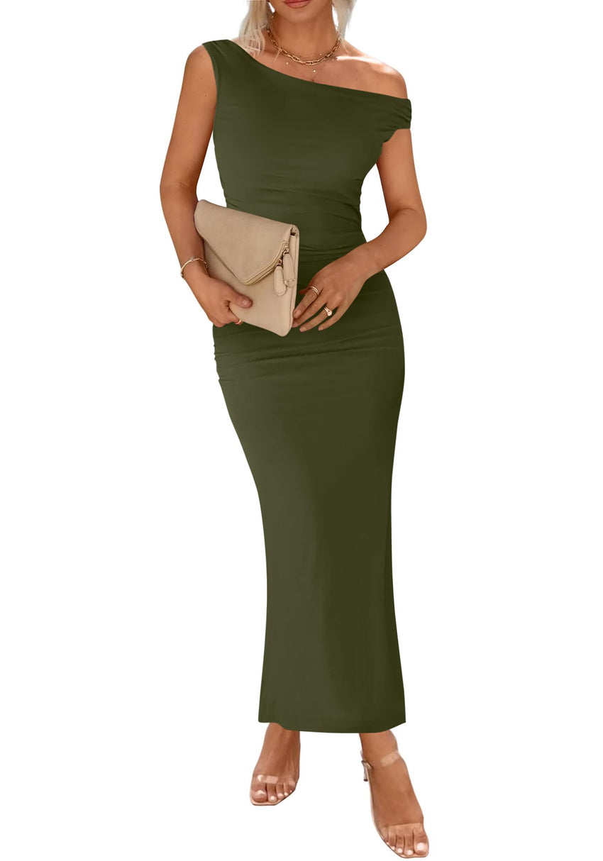 BTFBM Women 2025 Summer One Shoulder Bodycon Ruched Maxi Dress Slit Mesh Long Formal Cocktail Fall Wedding Guest Dresses - 7DAY'S