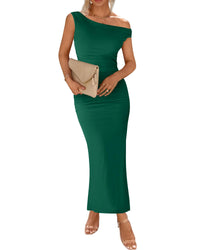 BTFBM Women 2025 Summer One Shoulder Bodycon Ruched Maxi Dress Slit Mesh Long Formal Cocktail Fall Wedding Guest Dresses - 7DAY'S