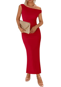 BTFBM Women 2025 Summer One Shoulder Bodycon Ruched Maxi Dress Slit Mesh Long Formal Cocktail Fall Wedding Guest Dresses - 7DAY'S