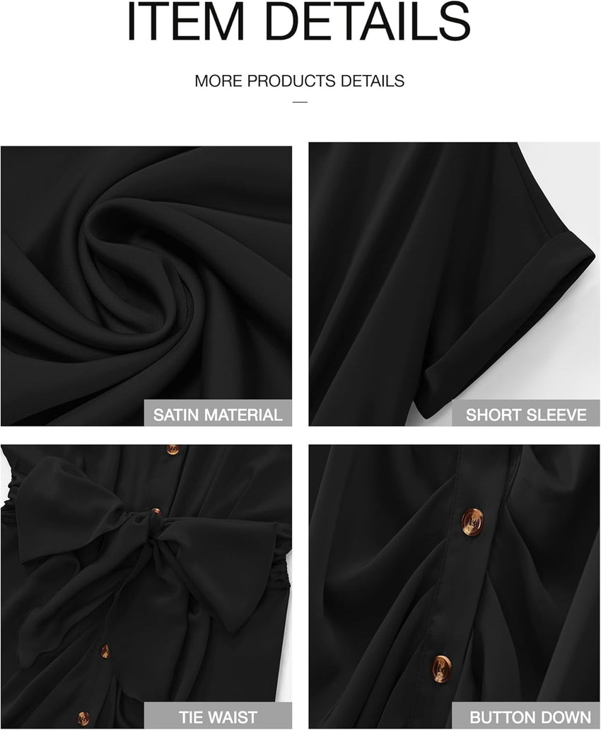 BTFBM Women Button Down Ruched Shirt Dresses Satin Short Sleeve Lapel V Neck Summer Maxi Dress 2025 Party Wedding Guest - 7DAY'S