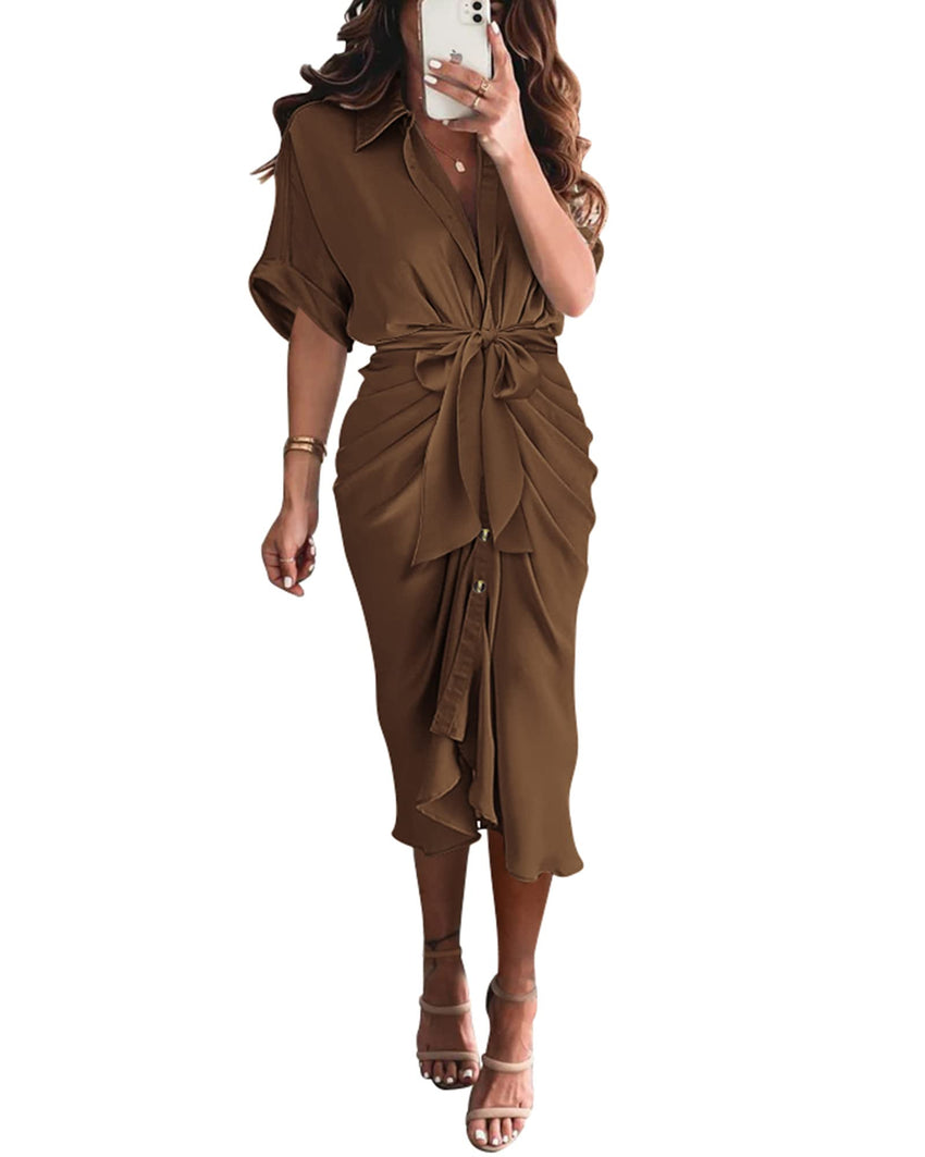 BTFBM Women Button Down Ruched Shirt Dresses Satin Short Sleeve Lapel V Neck Summer Maxi Dress 2025 Party Wedding Guest - 7DAY'S