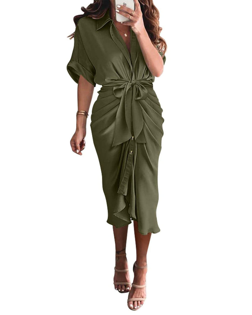 BTFBM Women Button Down Ruched Shirt Dresses Satin Short Sleeve Lapel V Neck Summer Maxi Dress 2025 Party Wedding Guest - 7DAY'S