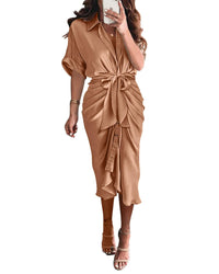 BTFBM Women Button Down Ruched Shirt Dresses Satin Short Sleeve Lapel V Neck Summer Maxi Dress 2025 Party Wedding Guest - 7DAY'S