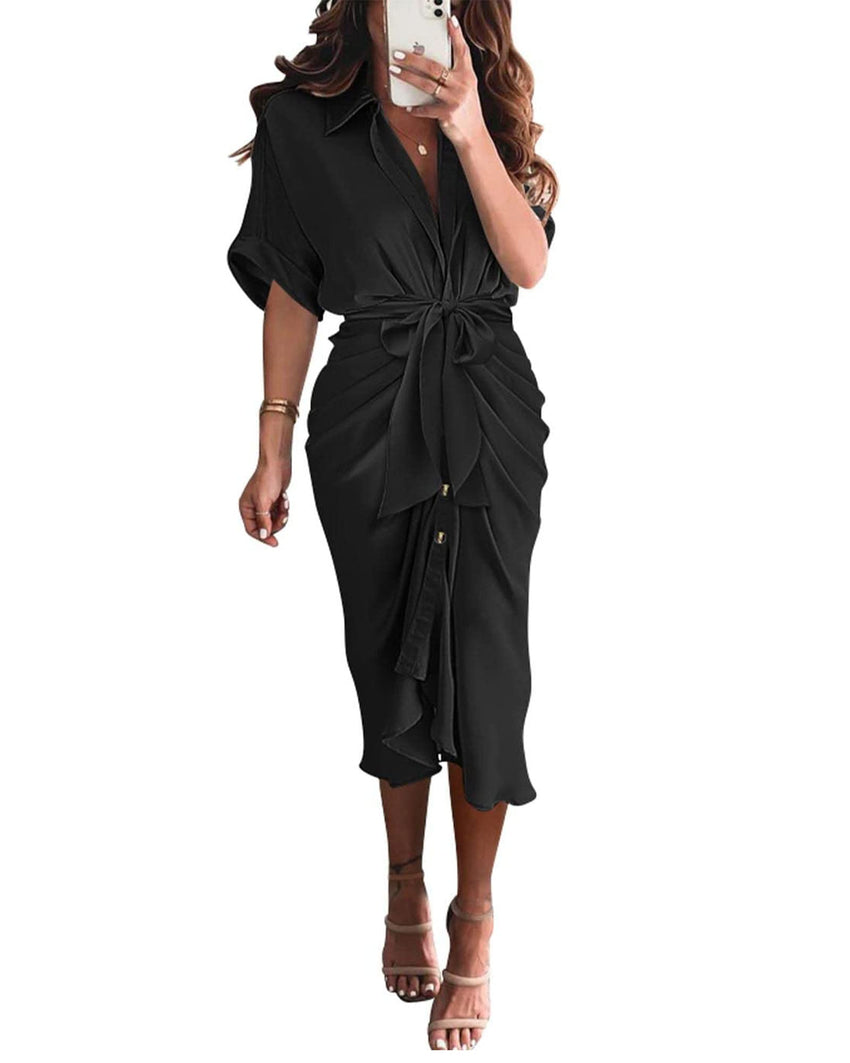 BTFBM Women Button Down Ruched Shirt Dresses Satin Short Sleeve Lapel V Neck Summer Maxi Dress 2025 Party Wedding Guest - 7DAY'S