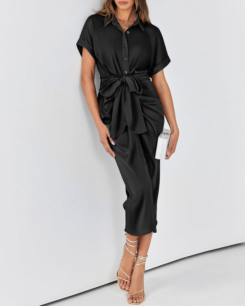 BTFBM Women Button Down Ruched Shirt Dresses Satin Short Sleeve Lapel V Neck Summer Maxi Dress 2025 Party Wedding Guest - 7DAY'S