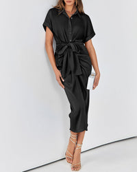 BTFBM Women Button Down Ruched Shirt Dresses Satin Short Sleeve Lapel V Neck Summer Maxi Dress 2025 Party Wedding Guest - 7DAY'S