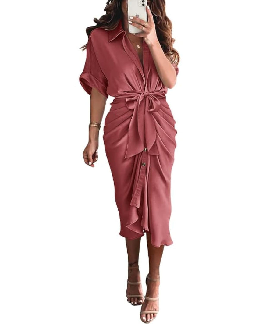 BTFBM Women Button Down Ruched Shirt Dresses Satin Short Sleeve Lapel V Neck Summer Maxi Dress 2025 Party Wedding Guest - 7DAY'S