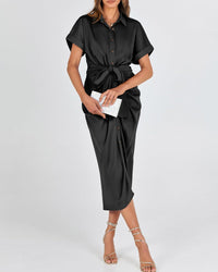 BTFBM Women Button Down Ruched Shirt Dresses Satin Short Sleeve Lapel V Neck Summer Maxi Dress 2025 Party Wedding Guest - 7DAY'S