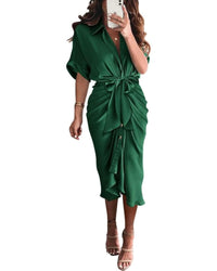 BTFBM Women Button Down Ruched Shirt Dresses Satin Short Sleeve Lapel V Neck Summer Maxi Dress 2025 Party Wedding Guest - 7DAY'S