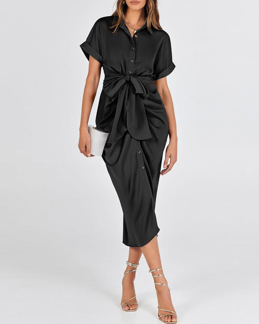 BTFBM Women Button Down Ruched Shirt Dresses Satin Short Sleeve Lapel V Neck Summer Maxi Dress 2025 Party Wedding Guest - 7DAY'S