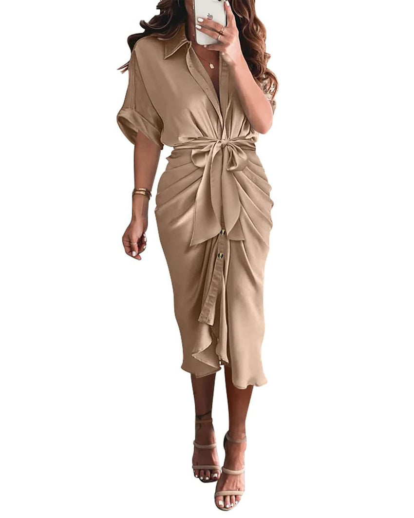 BTFBM Women Button Down Ruched Shirt Dresses Satin Short Sleeve Lapel V Neck Summer Maxi Dress 2025 Party Wedding Guest - 7DAY'S