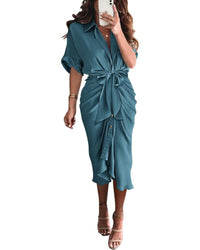 BTFBM Women Button Down Ruched Shirt Dresses Satin Short Sleeve Lapel V Neck Summer Maxi Dress 2025 Party Wedding Guest - 7DAY'S