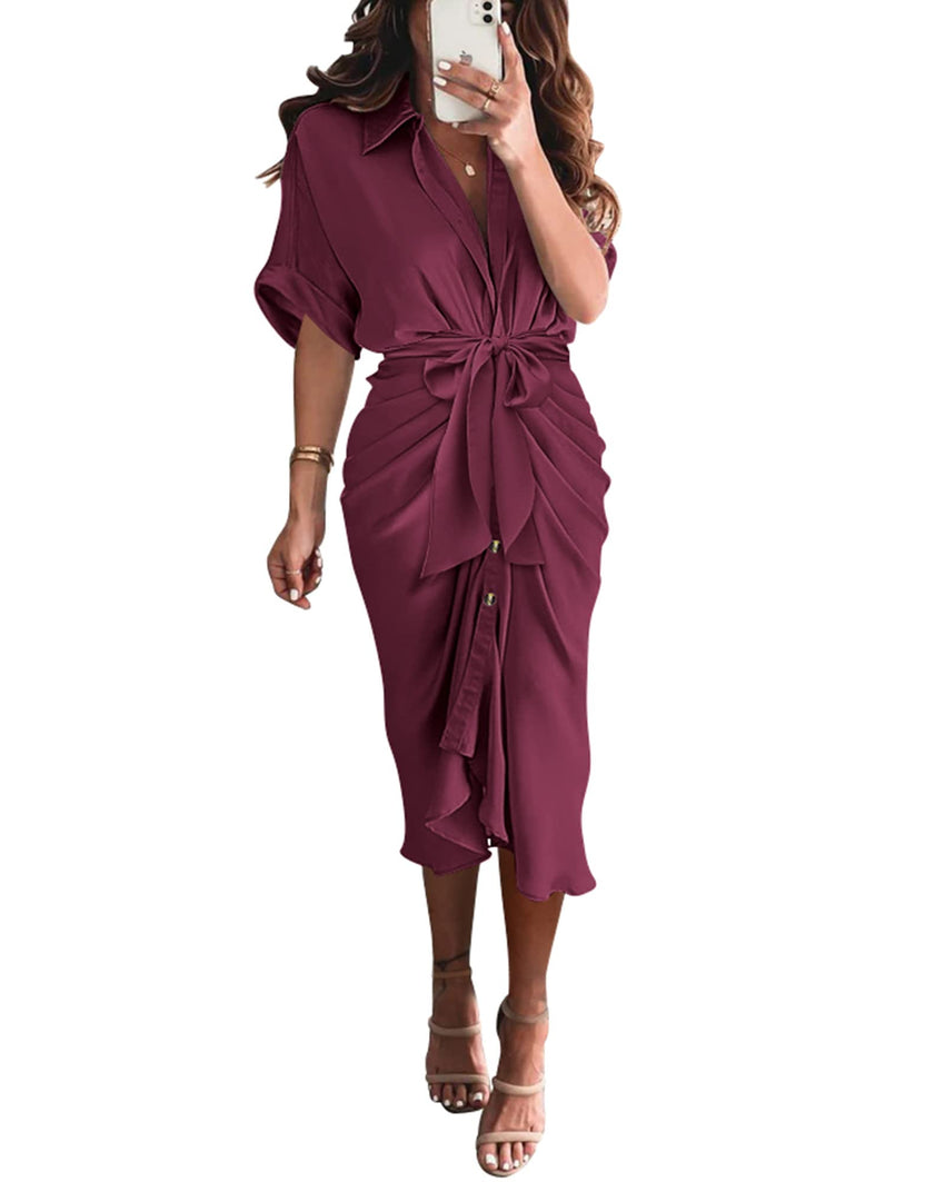 BTFBM Women Button Down Ruched Shirt Dresses Satin Short Sleeve Lapel V Neck Summer Maxi Dress 2025 Party Wedding Guest - 7DAY'S