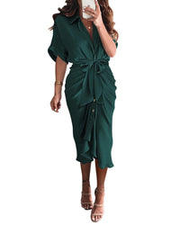 BTFBM Women Button Down Ruched Shirt Dresses Satin Short Sleeve Lapel V Neck Summer Maxi Dress 2025 Party Wedding Guest - 7DAY'S