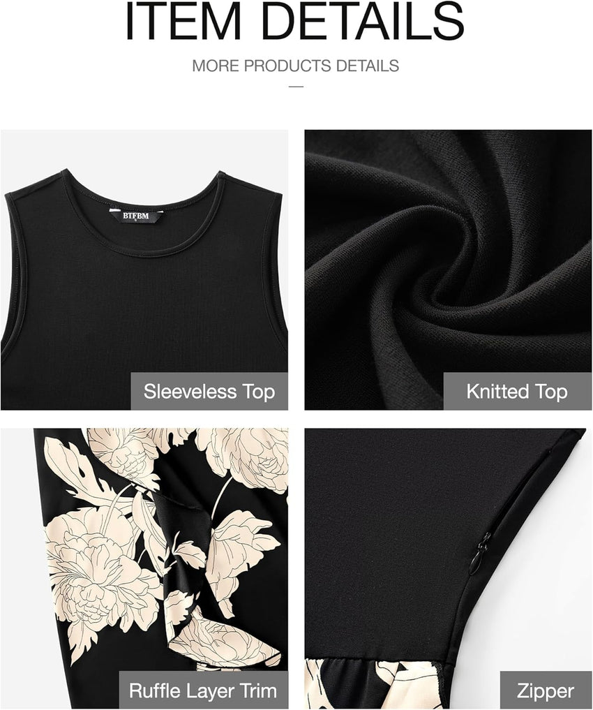 BTFBM Women Casual Sleeveless Summer Dresses 2025 Spring Crewneck Patchwork Boho Floral Ruffle Cocktail Party Midi Dress - 7DAY'S