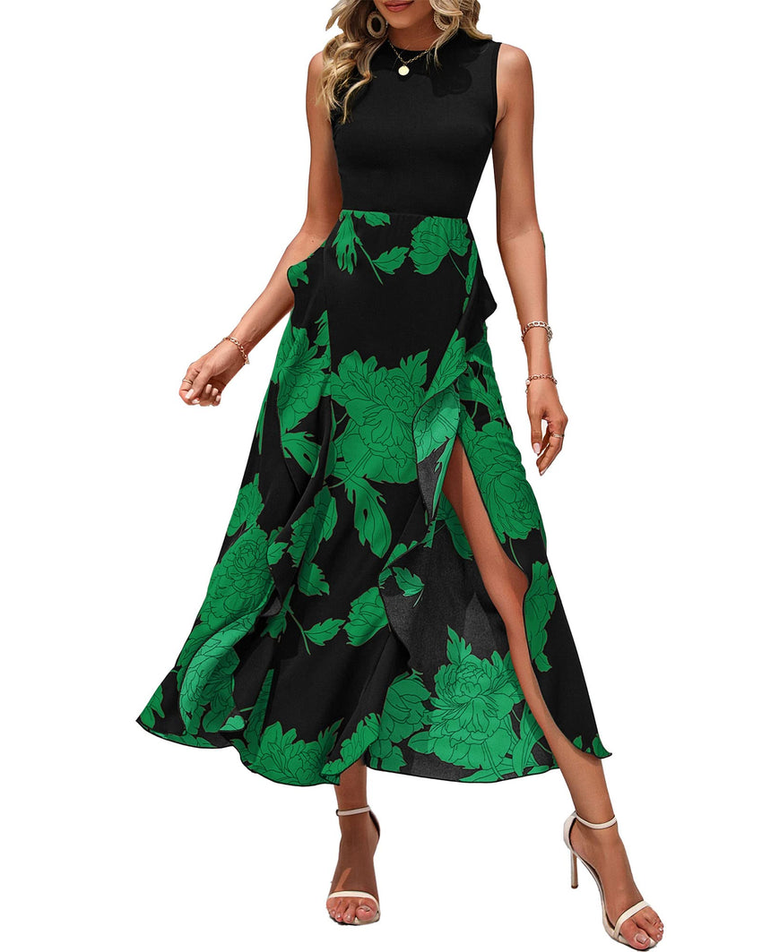 BTFBM Women Casual Sleeveless Summer Dresses 2025 Spring Crewneck Patchwork Boho Floral Ruffle Cocktail Party Midi Dress - 7DAY'S