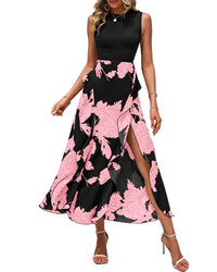 BTFBM Women Casual Sleeveless Summer Dresses 2025 Spring Crewneck Patchwork Boho Floral Ruffle Cocktail Party Midi Dress - 7DAY'S