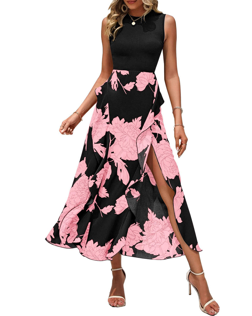 BTFBM Women Casual Sleeveless Summer Dresses 2025 Spring Crewneck Patchwork Boho Floral Ruffle Cocktail Party Midi Dress - 7DAY'S