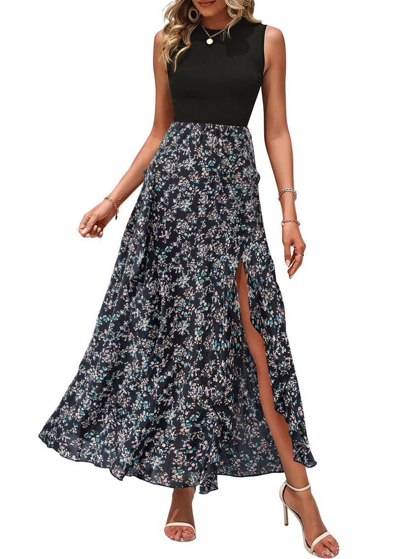 BTFBM Women Casual Sleeveless Summer Dresses 2025 Spring Crewneck Patchwork Boho Floral Ruffle Cocktail Party Midi Dress - 7DAY'S