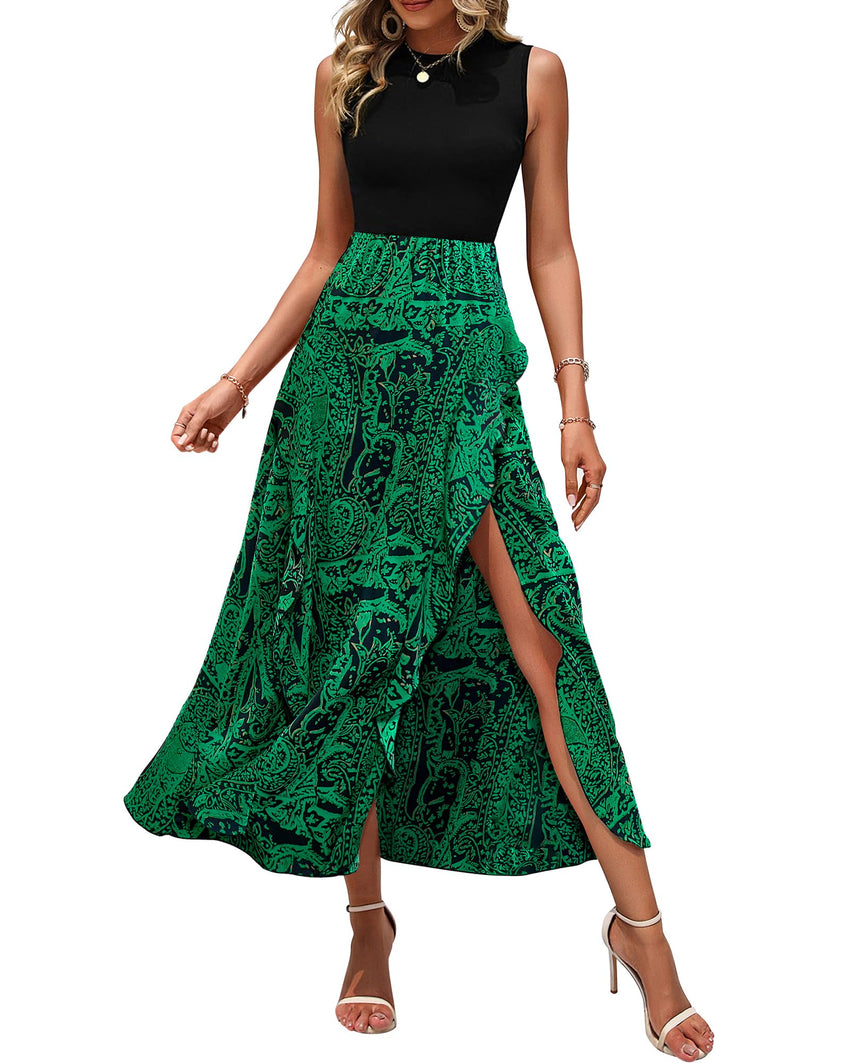 BTFBM Women Casual Sleeveless Summer Dresses 2025 Spring Crewneck Patchwork Boho Floral Ruffle Cocktail Party Midi Dress - 7DAY'S