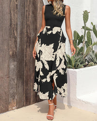 BTFBM Women Casual Sleeveless Summer Dresses 2025 Spring Crewneck Patchwork Boho Floral Ruffle Cocktail Party Midi Dress - 7DAY'S