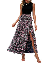 BTFBM Women Casual Sleeveless Summer Dresses 2025 Spring Crewneck Patchwork Boho Floral Ruffle Cocktail Party Midi Dress - 7DAY'S