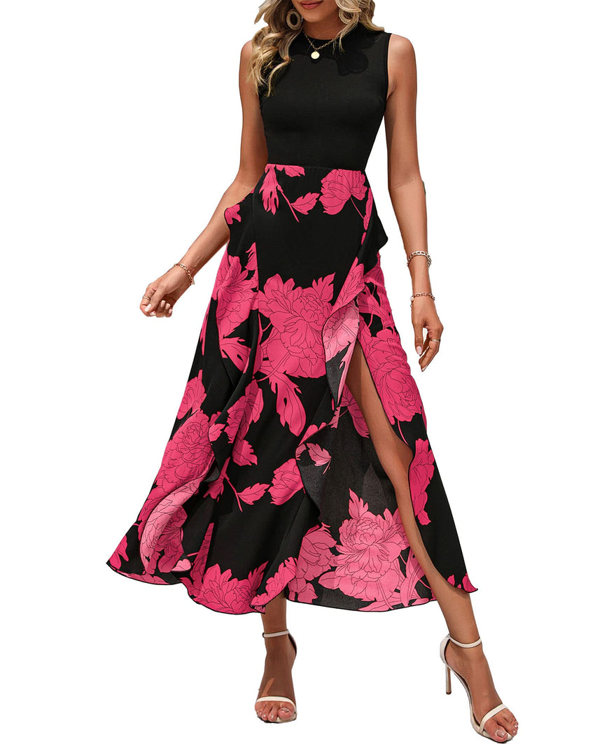 BTFBM Women Casual Sleeveless Summer Dresses 2025 Spring Crewneck Patchwork Boho Floral Ruffle Cocktail Party Midi Dress - 7DAY'S