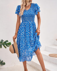 BTFBM Women Casual Summer Short Ruffles Tiered Sleeve Smocked Midi Dresses Bohemian Floral V Neck Wedding Guest Long Dresses - 7DAY'S