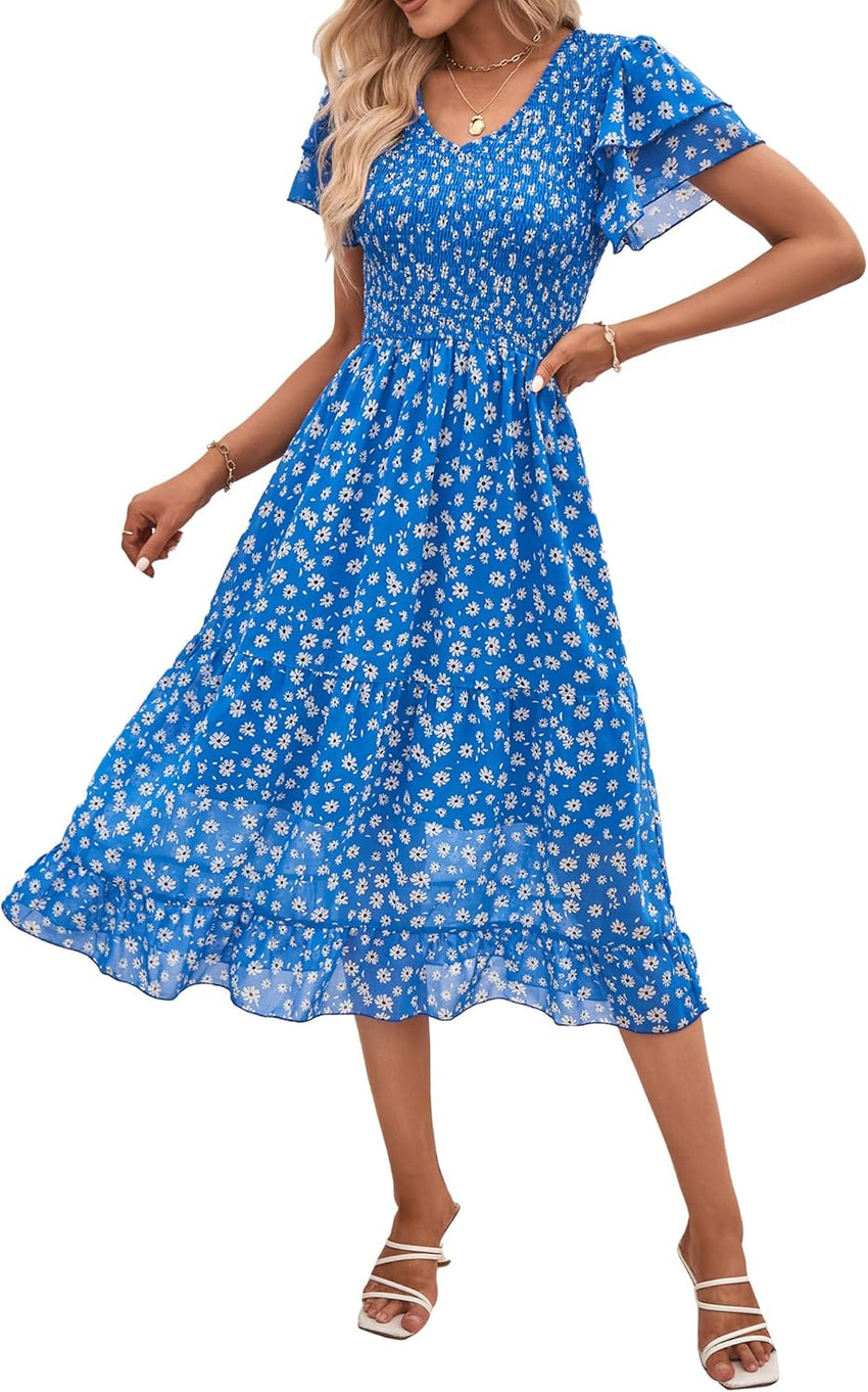 BTFBM Women Casual Summer Short Ruffles Tiered Sleeve Smocked Midi Dresses Bohemian Floral V Neck Wedding Guest Long Dresses - 7DAY'S