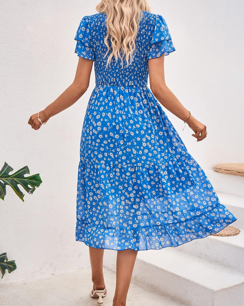 BTFBM Women Casual Summer Short Ruffles Tiered Sleeve Smocked Midi Dresses Bohemian Floral V Neck Wedding Guest Long Dresses - 7DAY'S