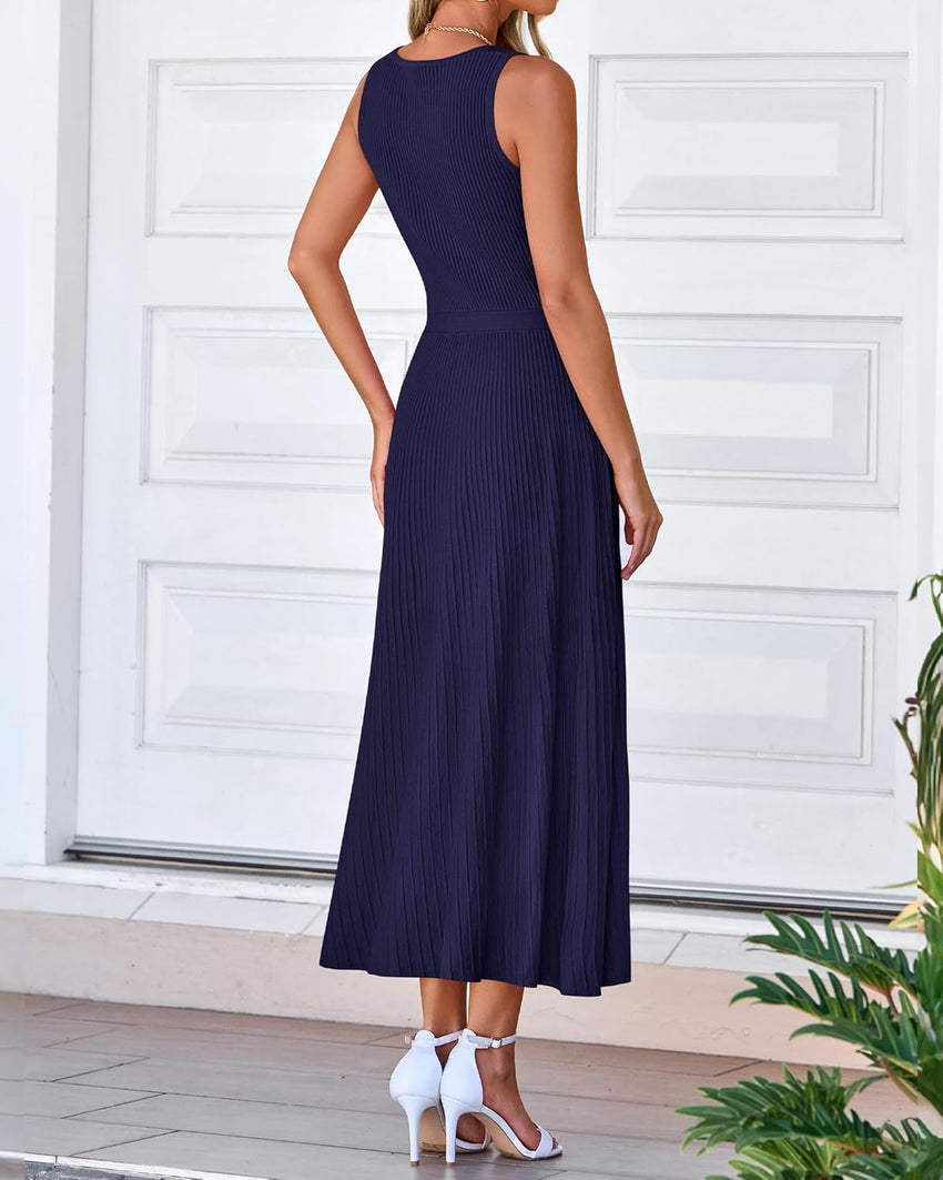 BTFBM Women Midi Bodycon Tank Dress Summer Crewneck Sleeveless Pleated A Line Business Casual Knit Sweater Fall Dresses - 7DAY'S