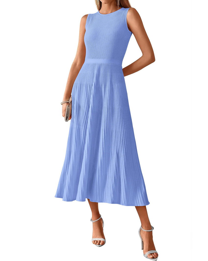 BTFBM Women Midi Bodycon Tank Dress Summer Crewneck Sleeveless Pleated A Line Business Casual Knit Sweater Fall Dresses - 7DAY'S