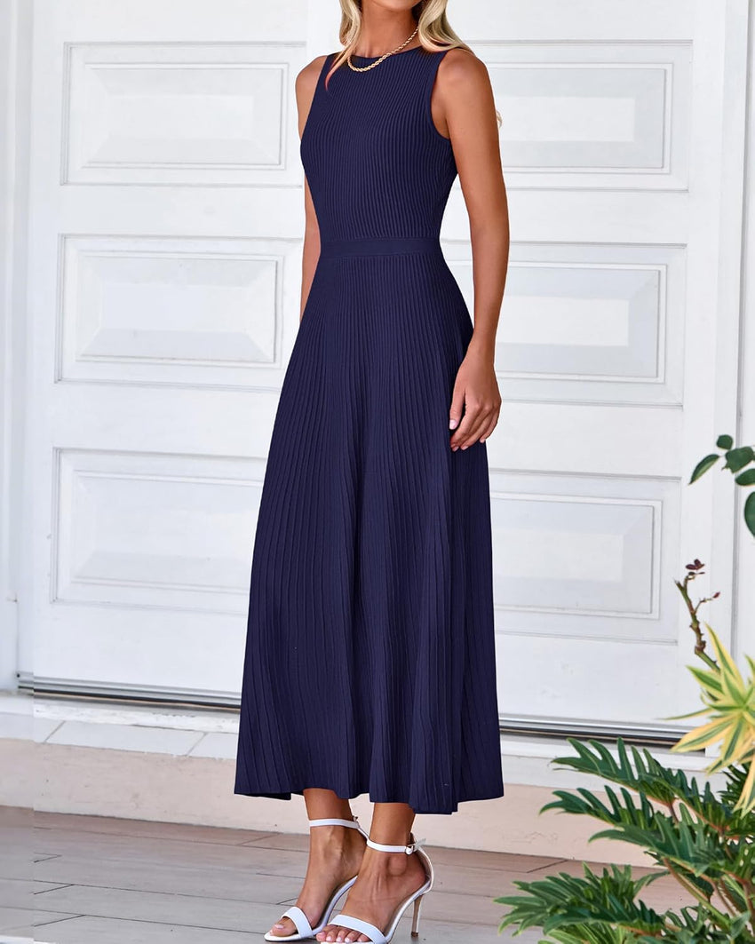 BTFBM Women Midi Bodycon Tank Dress Summer Crewneck Sleeveless Pleated A Line Business Casual Knit Sweater Fall Dresses - 7DAY'S